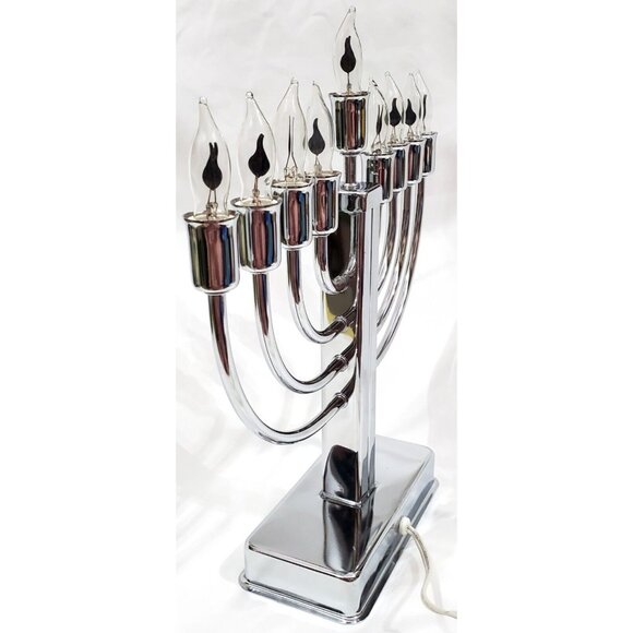 Jewish Hanukkah ELECTRIC MENORAH polished chrome with 9 flickering candle bulbs - Picture 7 of 9